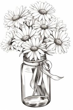 a mason jar filled with lots of daisies