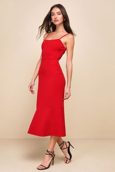 Everyone loves a look that'll make them stunning in an instant, and that's why you'll love the Lulus Divine Perfection Red Strappy Sleeveless Trumpet Midi Dress! Stretchy crepe knit shapes this sultry dress that features a sleeveless darted bodice, a straight neckline, and adjustable spaghetti straps. The fitted waist tops a figure-flaunting bodycon skirt that cascades down to a tiered, trumpet midi hem. Strappy detailing crisscrosses atop the open back for an extra eye-catching finish. Hidden b Flirty Sleeveless Midi Dress For Cocktails, Red Spaghetti Strap Midi Dress For Brunch, Red Sleeveless Dress With Spaghetti Straps, Red Spaghetti Strap Sleeveless Dress For Night Out, Red Midi Dress With Spaghetti Straps For Brunch, Red Sleeveless Dress With Spaghetti Straps For Night Out, Red Sleeveless Dress For Night Out In Spring, Red Sleeveless Flirty Dress, Flirty Red Sleeveless Dress