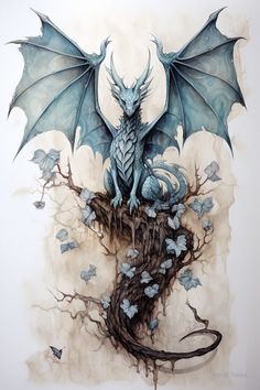 a drawing of a dragon sitting on top of a tree stump with blue flowers growing out of it