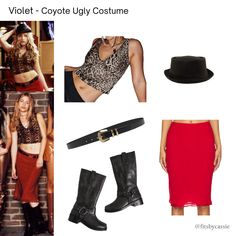 a collage of different outfits and accessories including boots, skirt, top, hat