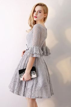 Gray 3/4 Long Sleeve Lace Short Bridesmaid Dress - Uniqistic.com Long Sleeve Bridesmaid Dresses, Short Lace Bridesmaid Dresses, Short Bridesmaid Dress, Long Sleeve Bridesmaid Dress, Beautiful Lace Dresses, Long Kurti Designs, Wedding Party Dress, Bridesmaid Dress Sizes, Lace Bridesmaid Dresses