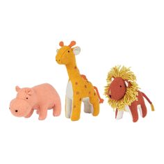 three stuffed animals are lined up in the same row, one is a giraffe, two are a hippopotamus and one is a rhinoceros