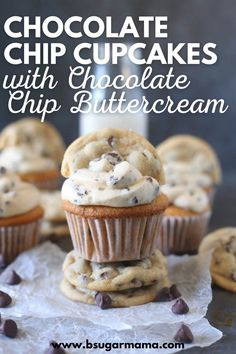 chocolate chip cupcakes with chocolate chip buttercream are stacked on top of each other