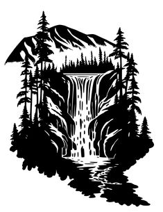 a black and white drawing of a waterfall surrounded by trees with mountains in the background