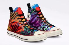 Chicago-based designer Joe Freshgoods partners once again with Converse to drop a capsule in which classic footwear and clothing pieces are filled with elements of the city's African-American culture, soul and art. For these Chuck 70 Freshgoods recovers the graphics of the t-shirts from his previous works and mixes them together to obtain a colorful and head-turning patchwork that he prints on the canvas upper. 3D lettering, tie-dye prints and airbrush drawings for a vibrant and vintage look at Retro Multicolor Custom Sneakers For Streetwear, Artistic Leather Custom Sneakers For Streetwear, Converse Multicolor Sneakers For Streetwear, Multicolor Converse Custom Sneakers For Streetwear, Artistic Sneakers With Rubber Sole For Streetwear, Urban Multicolor High-top Sneakers With Rubber Sole, Multicolor Converse High-top Sneakers For Streetwear, Artistic Multicolor Sneakers For Streetwear, Joe Fresh Goods