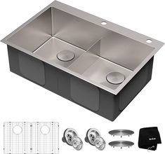 stainless steel double bowl kitchen sink with drainers, strainers and accessories for the faucet