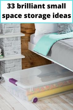 there is a bed and some shelves in this room with the words 33 brilliant small space storage ideas