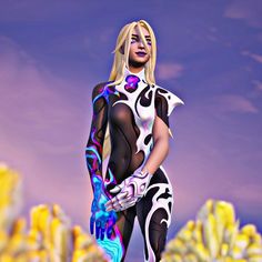 a digital painting of a woman in black and white bodysuit with blue gloves on