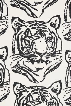 a black and white drawing of a tiger's face with many other faces in the background