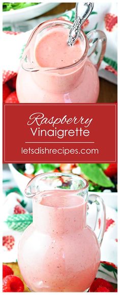 raspberry vinaigrette in a glass pitcher on a table