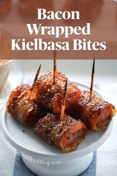 gluten-free wrapped kielbasa bites on tray Bacon Wrapped Kielbasa Bites, Kielbasa Bites Recipe, Football Season Snacks, Bacon Wrapped Kielbasa, Meaty Appetizers, Kielbasa Bites, Bacon Wrapped Sausages, What The Fork, Bacon Wrapped Jalapeno Poppers