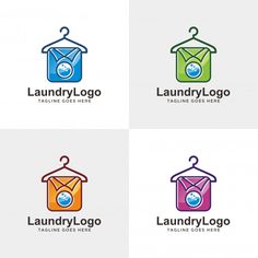 four logos with clothes hanging on hangers for laundry logo design templates, clean and modern style