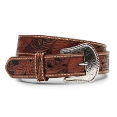 Style #: C40064 Crafted with expertly tooled leather in a striking embossed design, this belt is a western classic. It measures 1 1/2 inches wide and is finished with a silver plated buckle. Color: Tan 1 1/2" Wide Silver Plated Buckle Floral Tooling Tony Lama Boots, Floral Belt, Tooled Leather Belts, Contrast Top, Tony Lama, Western Belt, Embossed Design, Hand Tooled Leather, Western Belts