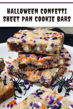 Stack of Halloween confetti cookie bars. Sheet Pan Cookie Bars, Halloween Desserts Cookies, Halloween Dessert Bars, Halloween Confetti, Confetti Cookies, Holiday Cookie Exchange, Fall Desserts Easy