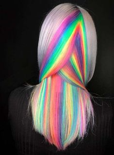 silver gray hair with rainbow accents Exotic Hair Color, Edgy Hair Color, Hair Colour Design, Exotic Hairstyles, Rainbow Hair Color, Silver Grey Hair, Dye Ideas, Multicolored Hair, Edgy Hair