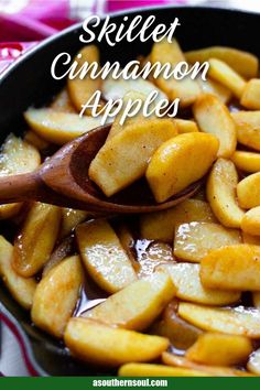 a skillet filled with cinnamon apples on top of a red and white table cloth