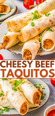 cheesey beef taquitass on plates with tomatoes and lettuce