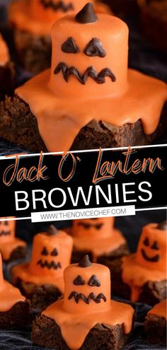 jack o'lantern brownies with orange frosting and chocolate sprinkles