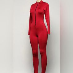 Sleeved Jumpsuit With Zip Up Front. Red Long Sleeve Jumpsuits And Rompers For Loungewear, Red Long Sleeve Jumpsuit For Loungewear, Red Stretch Long Sleeve Unitard, Red Long Sleeve Stretch Unitard, Red Stretch Bodysuit For Night Out, Red Long Sleeve Bodysuit For Night Out, Red Stretch Bodysuit For Loungewear, Red Fitted Casual Jumpsuits And Rompers, Fitted Red Casual Jumpsuits And Rompers