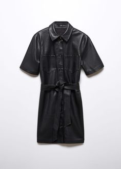 Faux-leather shirt dress - Women | Mango USA Trendy Shirt Dress With Pockets For Work, Chic Belted Shirt Dress For Work, Fall Belted Shirt Dress With Spread Collar, Belted Short Sleeve Shirt Dress For Fall, Fall Short Sleeve Belted Shirt Dress, Trendy Short Sleeve Shirt Dress For Work, Leather Shirt Dress, Mango Dress, Belted Shirt Dress