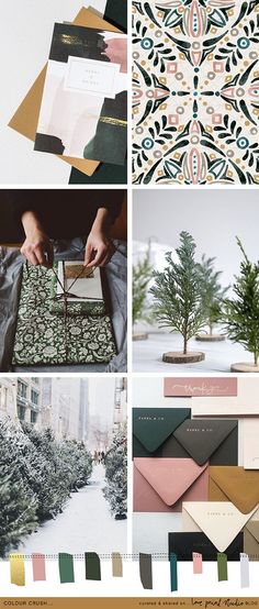 the collage shows different types of cards and envelopes, including one with a christmas tree