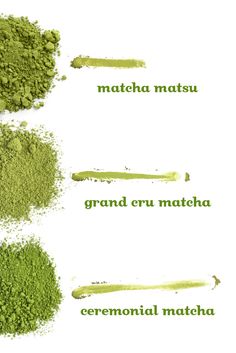 three different types of matcha powder on a white background with the words matcha matsu, grand cru matcha, matcha and matcha