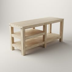 a wooden table with shelves on each side