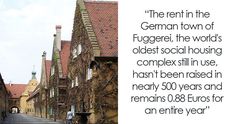 an old european street with brick buildings and a quote from the german town of fugerei