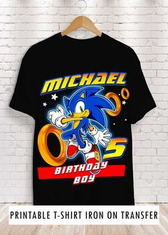 a t - shirt that says, birthday boy with an image of sonic the hedge on it