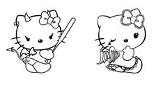 two hello kitty coloring pages, one with a cat and the other with a fish