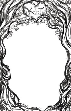 a black and white drawing of trees in the shape of a frame with an animal on it