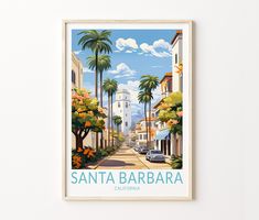 a poster hangs on the wall in front of a white wall with cars and palm trees