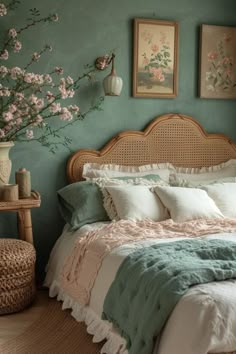 a bedroom with green walls and flowers in vases on the wall above the bed