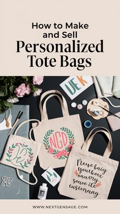 tote bags with the title how to make and sell personalized tote bags