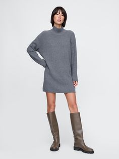 Supersoft cotton-blend mini sweater dress.  Turtleneck.  Long sleeves.  Fit: Over Sweater Dress Aesthetic, Turtle Neck Sweater Dress, Wife Style, Plush Yarn, Chic Wardrobe, Mini Sweater, Long Sweater Dress, Everyday Luxury, Turtleneck Sweater Dress