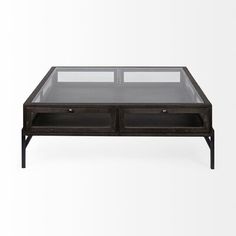 a coffee table with two drawers on each side and an open shelf below it, against a white background