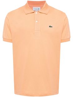 peach orange cotton polo collar short front button fastening appliqué logo straight hem Fitted Polo Shirt With Button Closure For Spring, Solid Spring Polo Shirt With Button Closure, Solid Polo Shirt With Button Closure For Spring, Spring Sporty Polo Shirt With Ribbed Collar, Classic Orange Tops For Spring, Classic Spring Polo Shirt With Ribbed Collar, Spring Polo Shirt With Button Closure, Classic Orange Cotton Tops, Orange Polo Shirt With Polo Collar For Summer