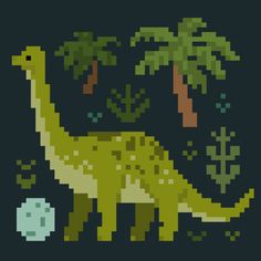 an image of a pixel art dinosaur with palm trees in the background and a ball on the ground next to it