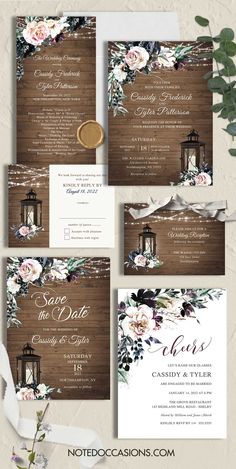 wedding stationery set with flowers and lanterns on the front, in brown wood background