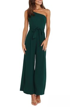 Elevate your special-occasion style with this asymmetric jumpsuit featuring a tie belt and a flowy, wide-leg silhouette. Hidden back-zip closure Asymmetric neck Adjustable strap Removable tie belt Partially lined 95% polyester, 5% spandex Hand wash, dry flat Imported Spaghetti Strap Jumpsuit Outfit, Strap Jumpsuit Outfit, Asymmetric Jumpsuit, Spaghetti Strap Jumpsuit, Belted Jumpsuit, One Shoulder Jumpsuit, Jumpsuit Outfit, Leg Design, Fabric Gifts