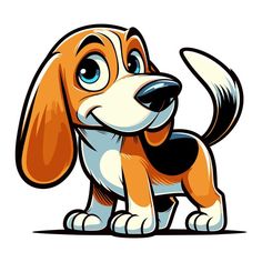 a cartoon beagle dog with big blue eyes sitting down and looking to the side