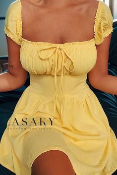 Lasaky - Ladies Sophisticated Fit and Flare Dress with a Slim Silhouette Yellow Dress With Sleeves, Short Yellow Dress, Tiger Mist Dress, Fit And Flare Dresses, Flare Dresses, Yellow Tie, Dresses Aesthetic, Tie Front Dress, Tiger Mist