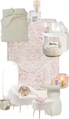 there is a pink and white room with furniture