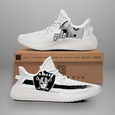 Oakland Raiders Shoes, Raiders Tattoos, Custom Yeezy, Raiders Stuff, Shoes Yeezy, Yeezy Sneakers, Football Stuff, Cloth Store, Raider Nation