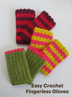 four crocheted fingerless gloves on a white surface with the text easy crochet fingerless gloves