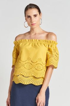 Daisy Top - Off the shoulder cotton eyelet top (marigold) – Simona Maghen Spring Cotton Off-shoulder Top With Ruffles, Chic Tops With Scalloped Edges For Day Out, Summer Top With Scalloped Edges For Day Out, Cotton Tops With Scalloped Edges And Short Sleeves, Short Sleeve Cotton Tops With Scalloped Edges, Cotton Short Sleeve Tops With Scalloped Edges, Summer Vacation Off-shoulder Short Sleeve Top, Summer Cotton Tops With Scalloped Edges, Summer Lace Trim Off-shoulder Tops