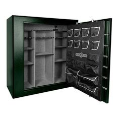 an open green safe box with several compartments and two doors on the inside, one door opened