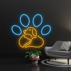 a dog's paw is shown with neon lights on the wall and in front of a chair