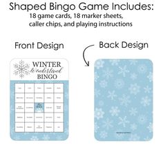 the front and back side of a winter themed board game with snowflakes on it