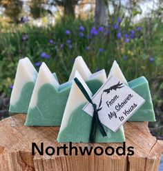 three soap bars sitting on top of a piece of wood